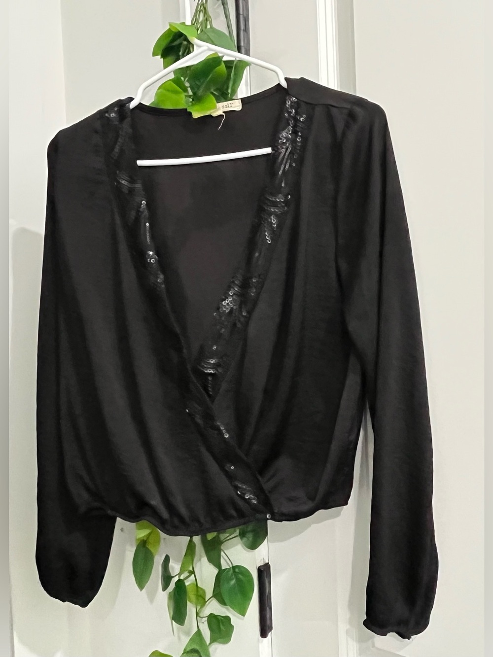 Living Doll  Black Long-Sleeve Sequin-Trim Wrap Top
